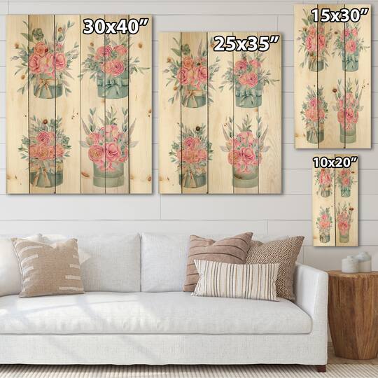Designart - Collection of Pink Roses - Farmhouse Print on Natural Pine Wood